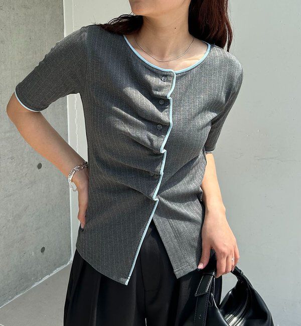 「【一癖可愛い】フロントタックフリルT」|Tシャツ・カットソー|グレー