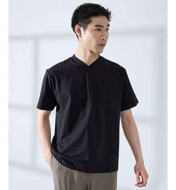 ABAHOUSE「【SMART CLOSET/WEB限定】シルケット天竺 Vネック 半袖Tシャツ」|Tシャツ・カットソー|ブラック