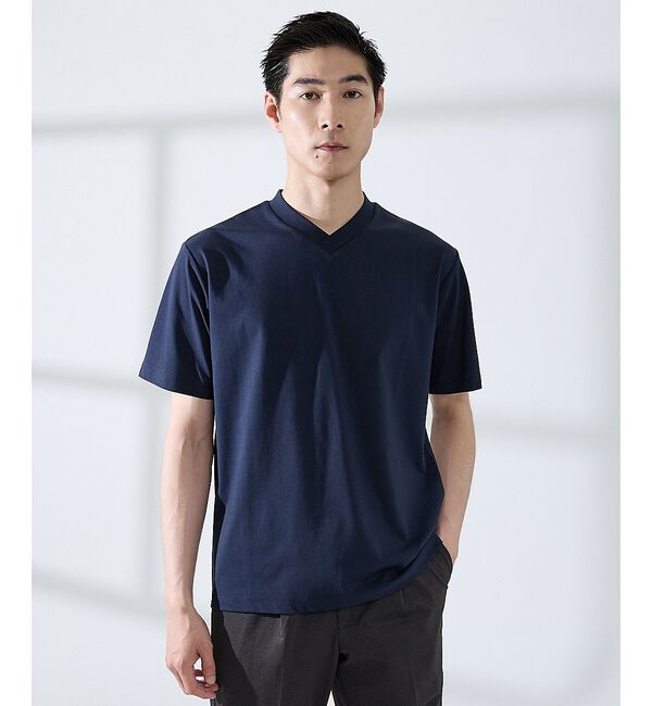 ABAHOUSE「【SMART CLOSET/WEB限定】シルケット天竺 Vネック 半袖Tシャツ」|Tシャツ・カットソー|ネイビー