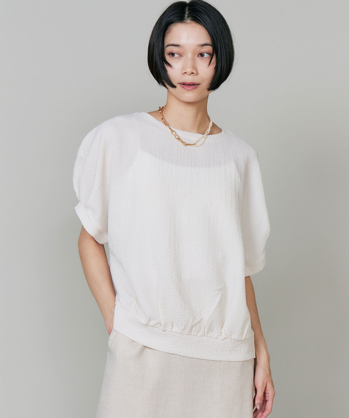 INED「裾ギャザードルマンスリーブカットソー」|Tシャツ・カットソー|アイボリー2