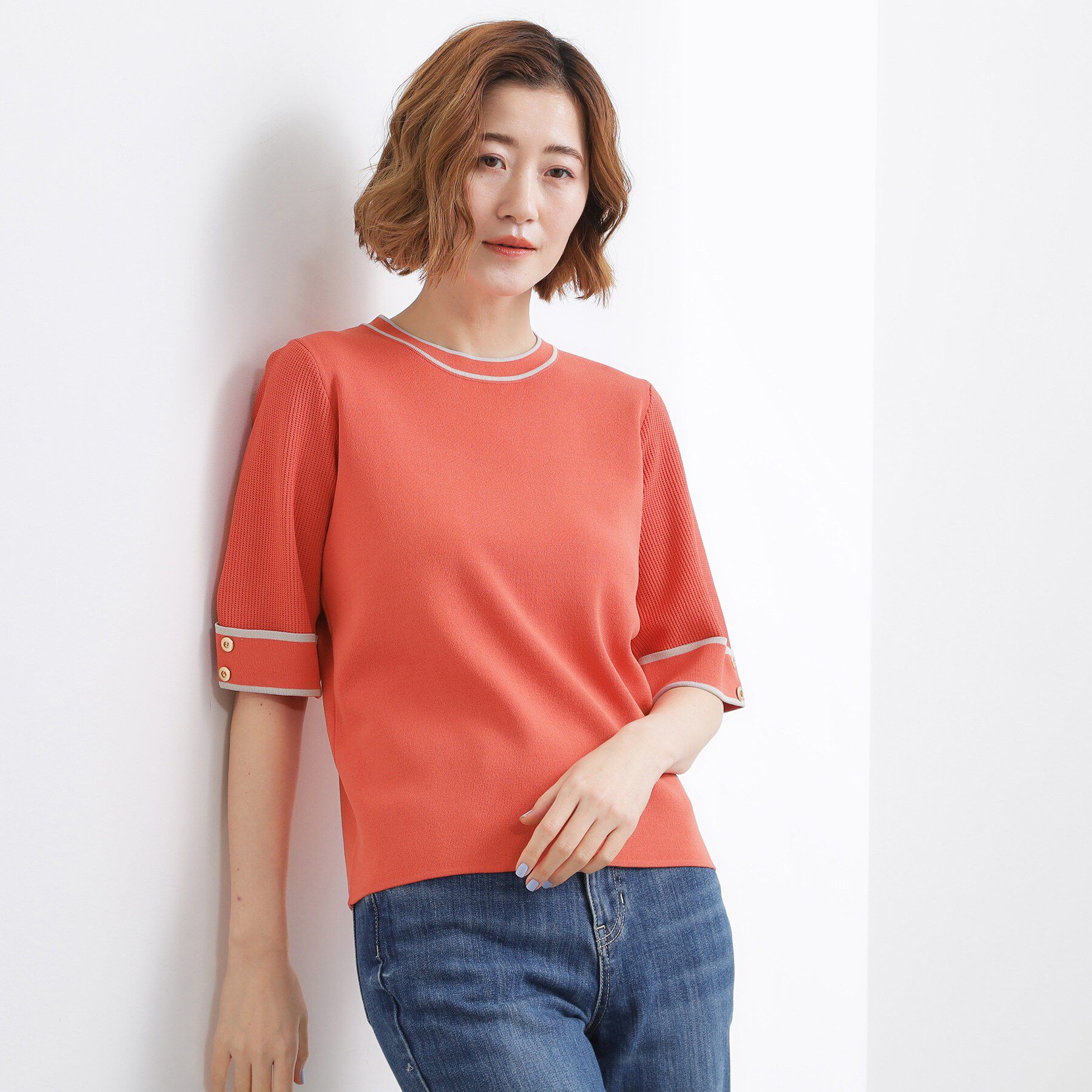 grove「【シリーズ累計36万枚/名品ニット】やわらかドライタッチ 袖メッシュ編みニット」|ニット・セーター|