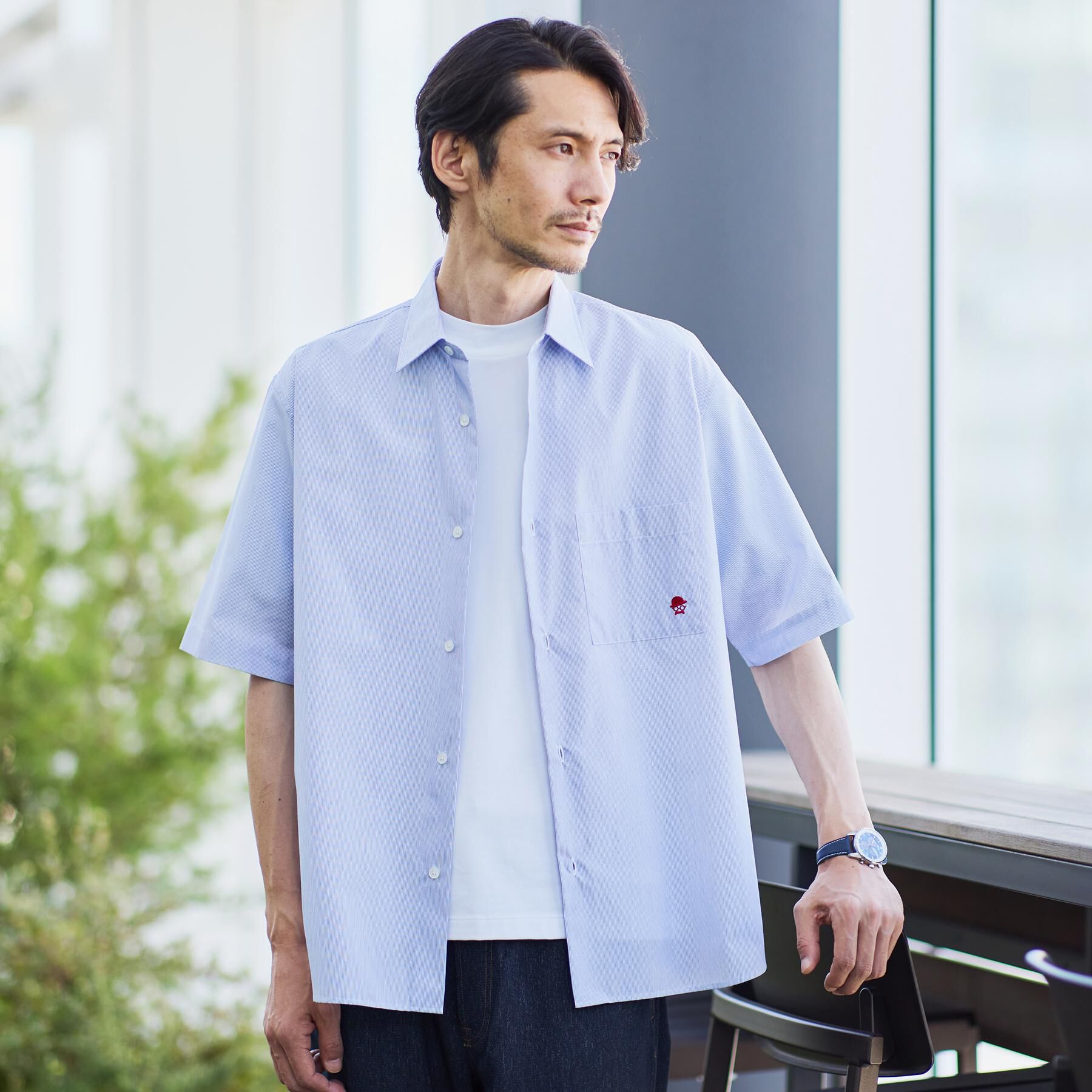 TAKEO KIKUCHI「ワンポイント刺繍 半袖シャツ」|シャツ・ブラウス|ブルー(393)