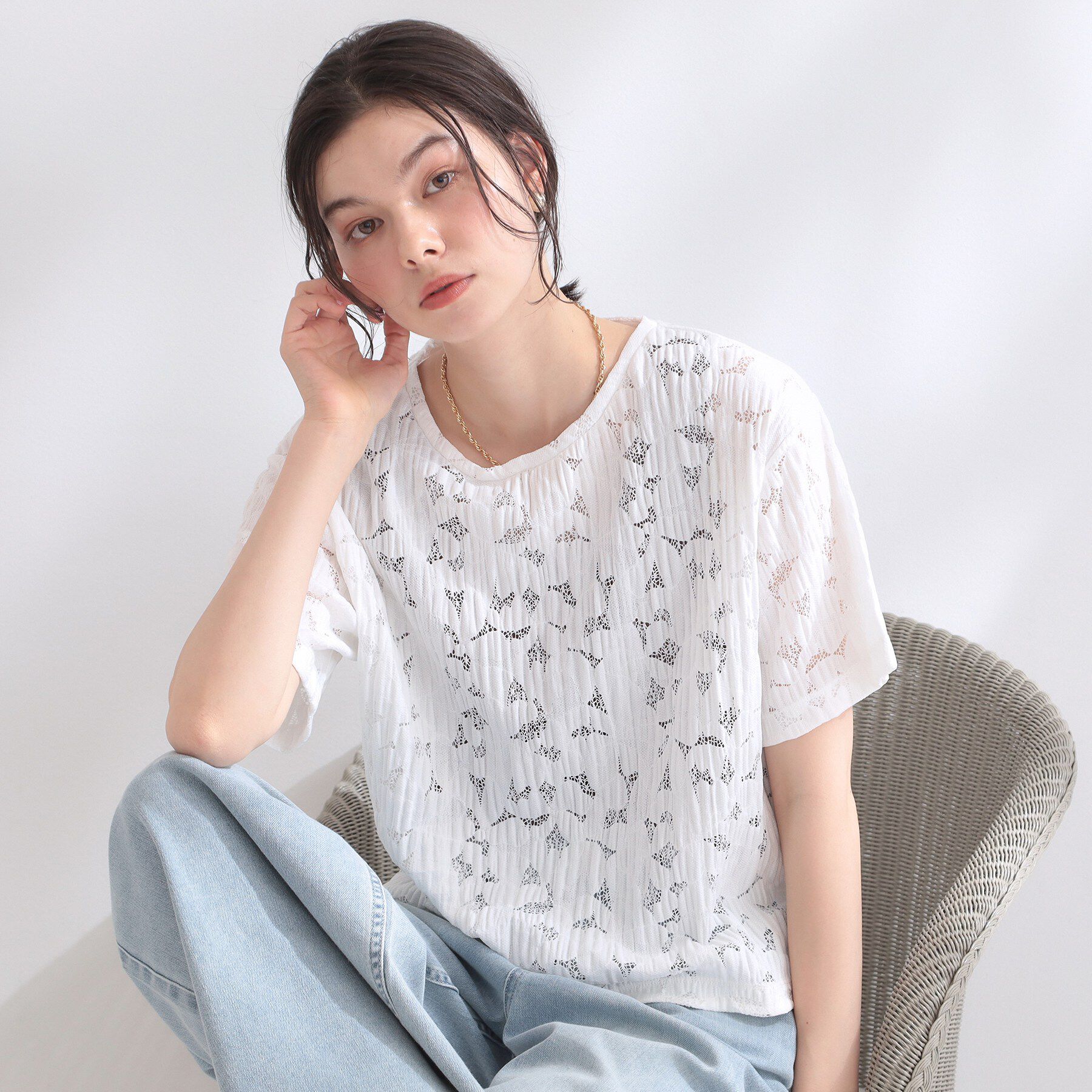OPAQUE.CLIP「レースジャカードカットソー【洗濯機OK】」|Tシャツ・カットソー|ホワイト(001)