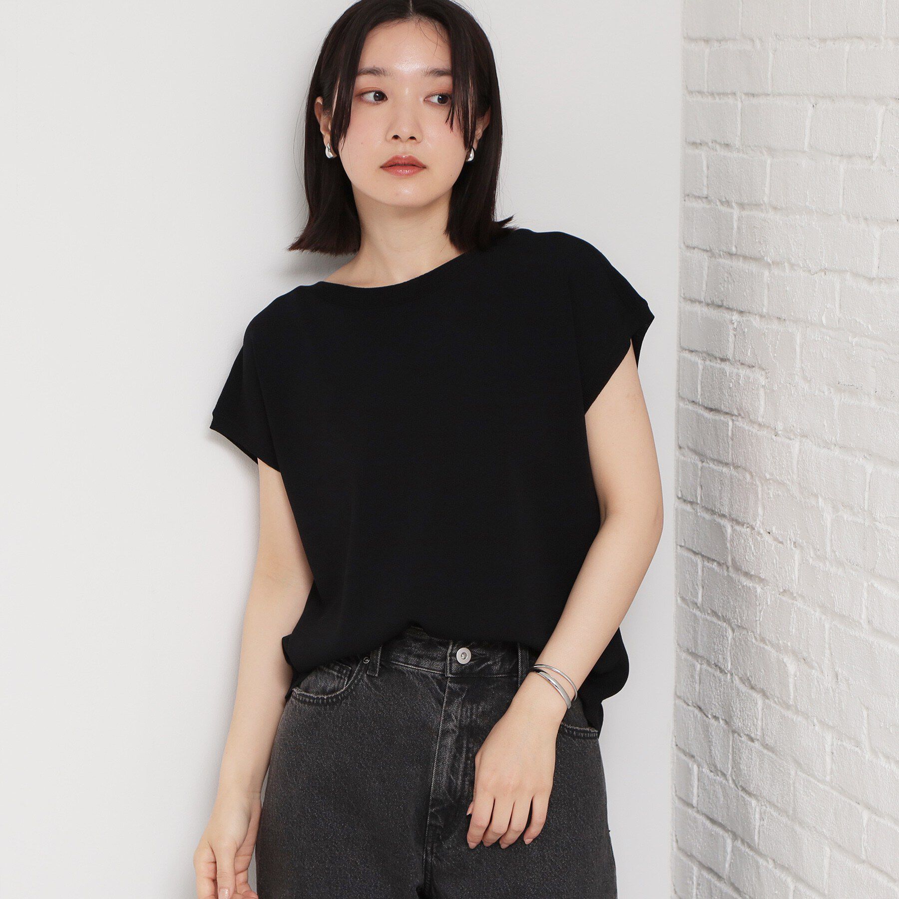 THE SHOP TK「【S-XL/ひんやりタッチ】多機能フレンチスリーブニット 洗濯機OK/UVケア/毛玉になりにくい」|ニット・セーター|ブラック(019)
