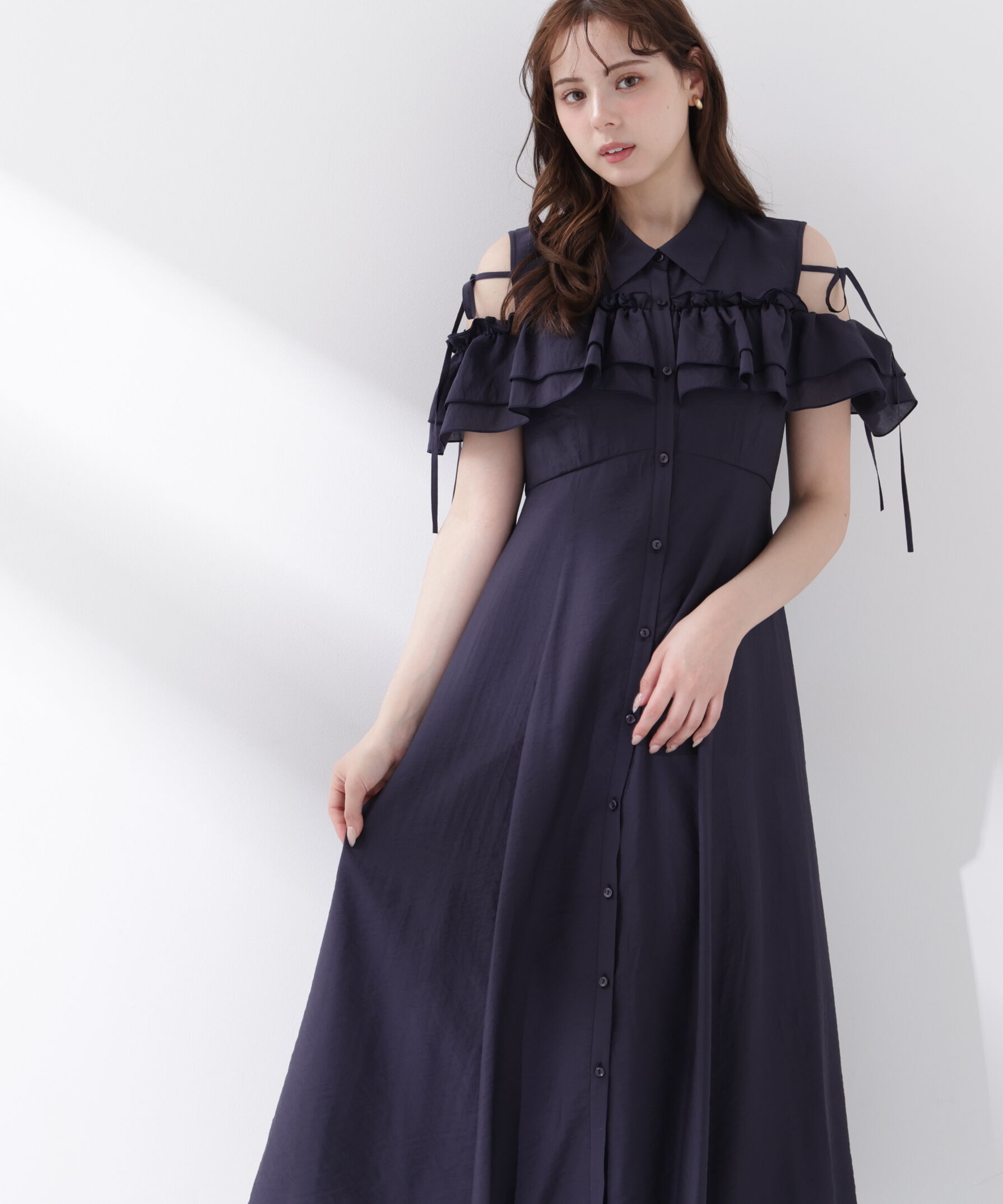 PROPORTION BODY DRESSING「＜EDIT COLOGNE＞フリルシャツワンピース」|ワンピース|ネイビー