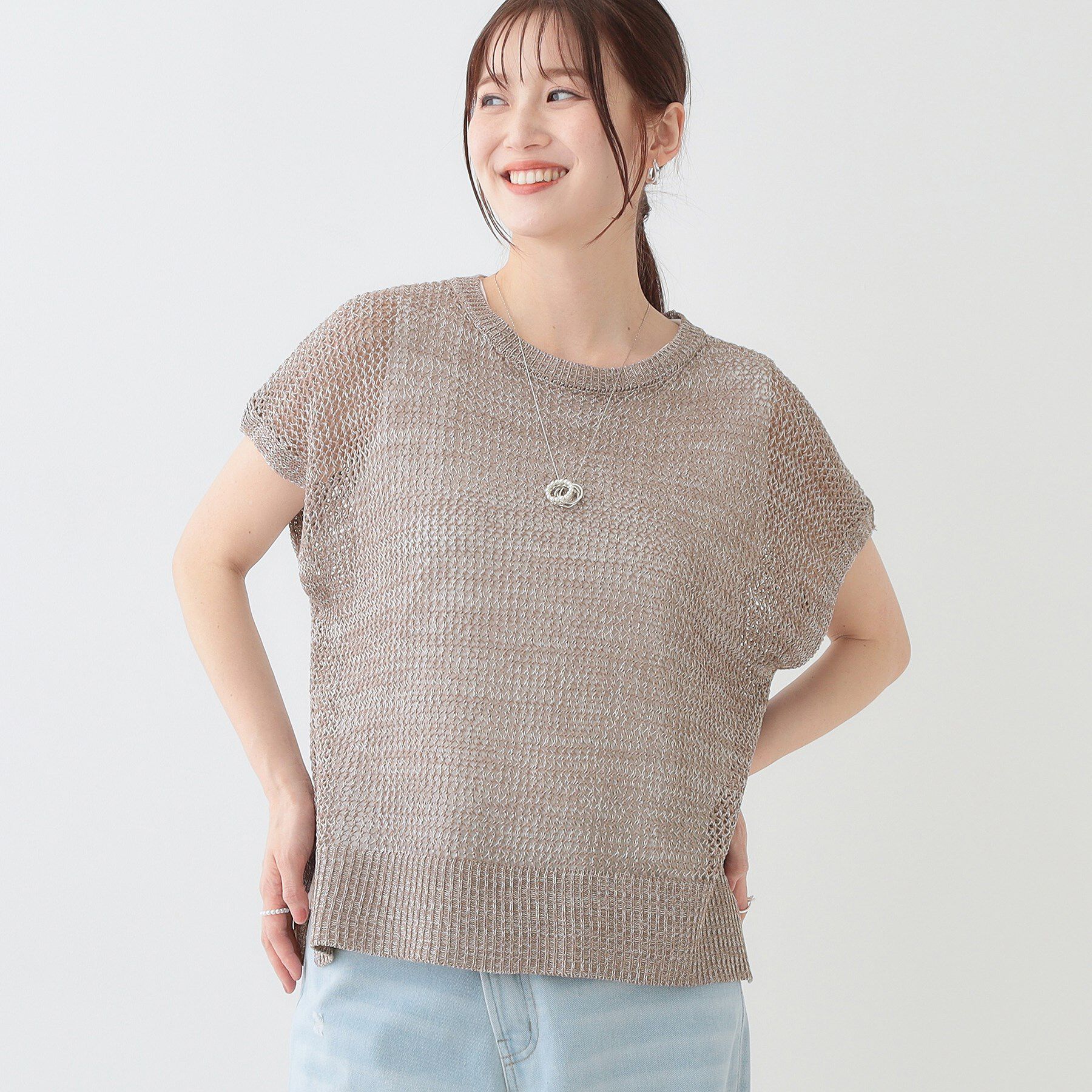 SHOO･LA･RUE「【S-LL/2点セット】大人ナチュラルな メッシュ編みニット+タンクトップ」|その他|モカブラウン(042