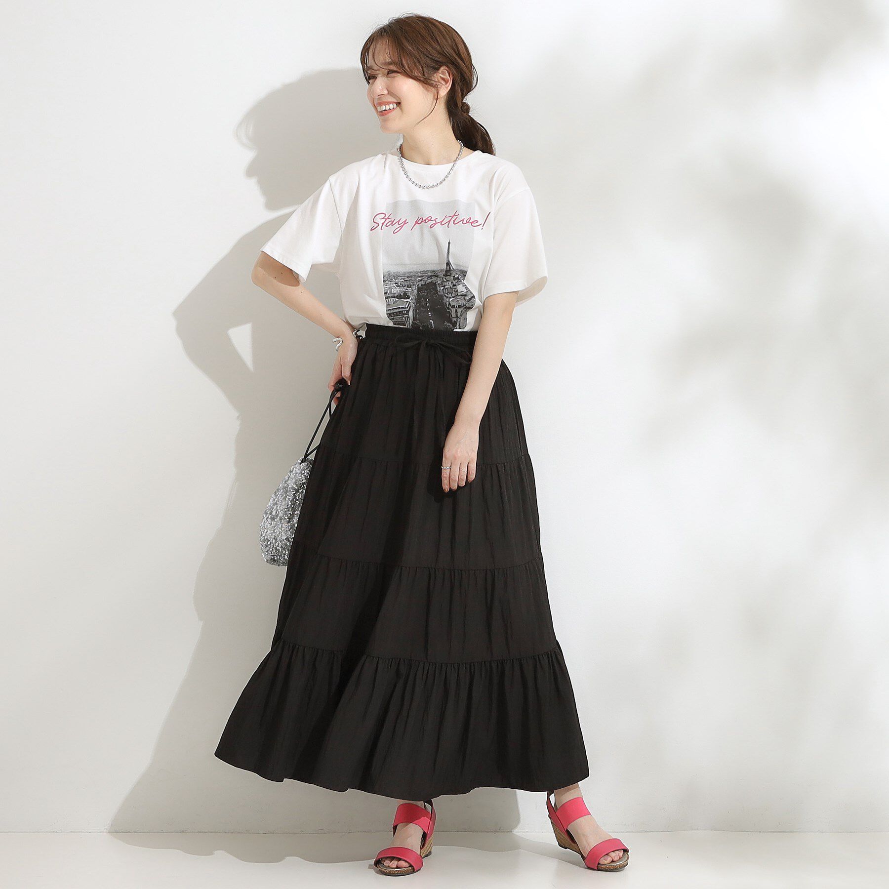 SHOO･LA･RUE「【洗える/S-LL】微光沢で華やかなティアードスカート」|スカート|