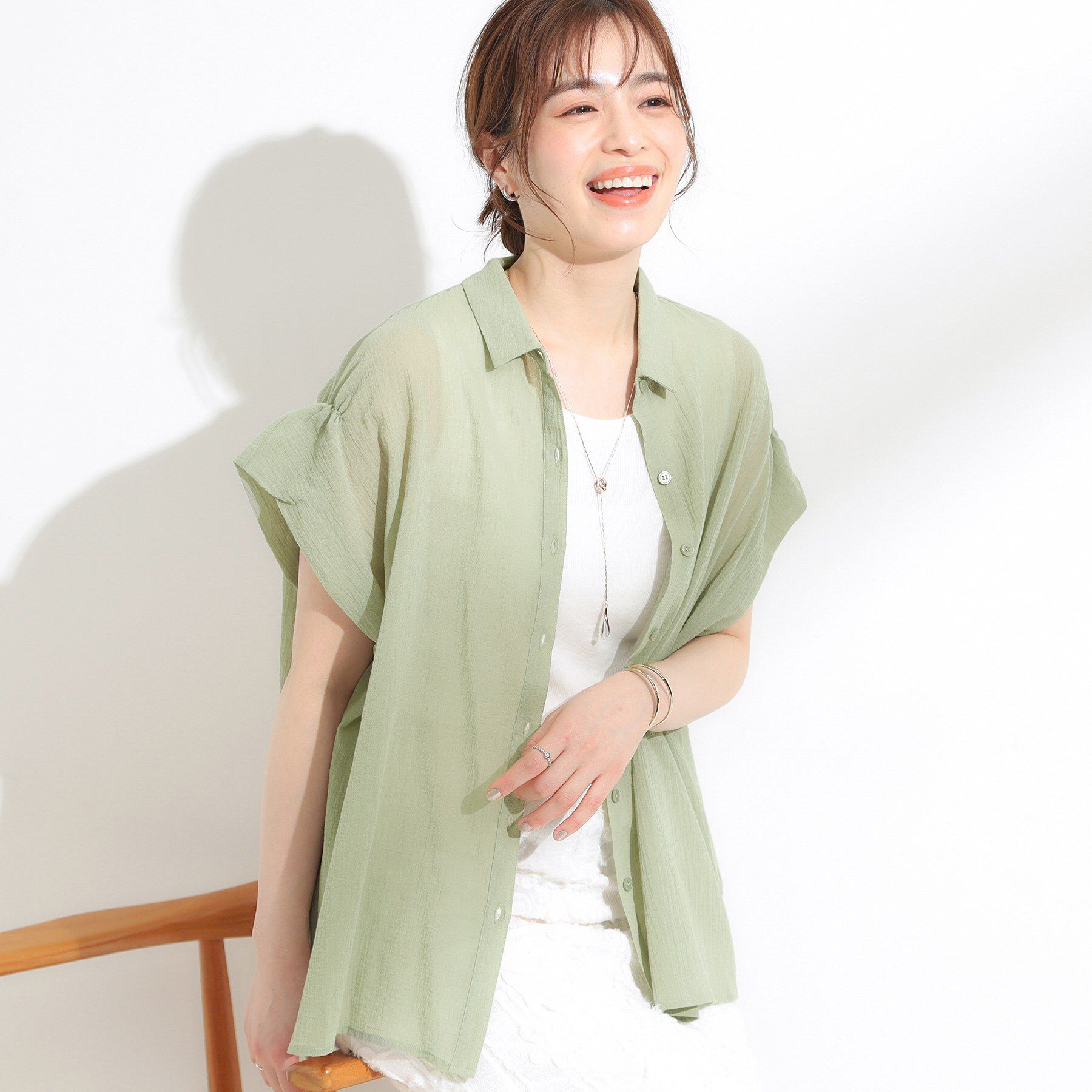 SHOO･LA･RUE「【S-LL】さらシャリコットン 上品なシアー感のデザインシャツ」|シャツ・ブラウス|ミントグリーン(02
