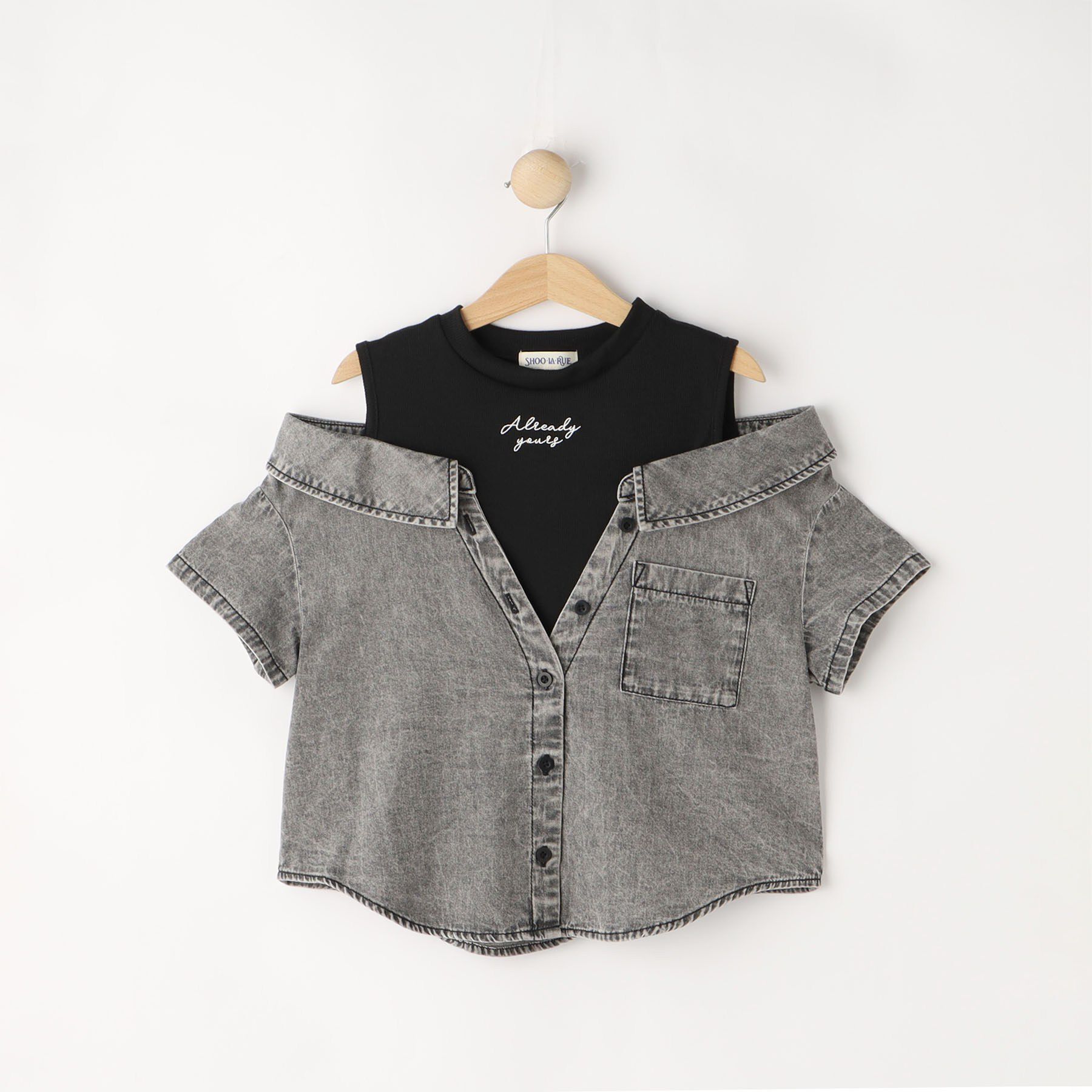SHOO･LA･RUE「【120-150cm】肩あきデニムドッキングシャツ」|Tシャツ・カットソー|グレー(612)