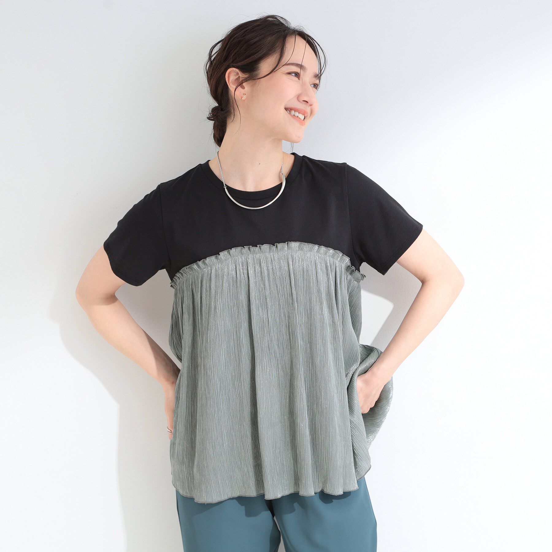 SHOO･LA･RUE「【ひんやり/S-LL】1枚でインせず決まる きらきらビスチェ風Tシャツ」|Tシャツ・カットソー|