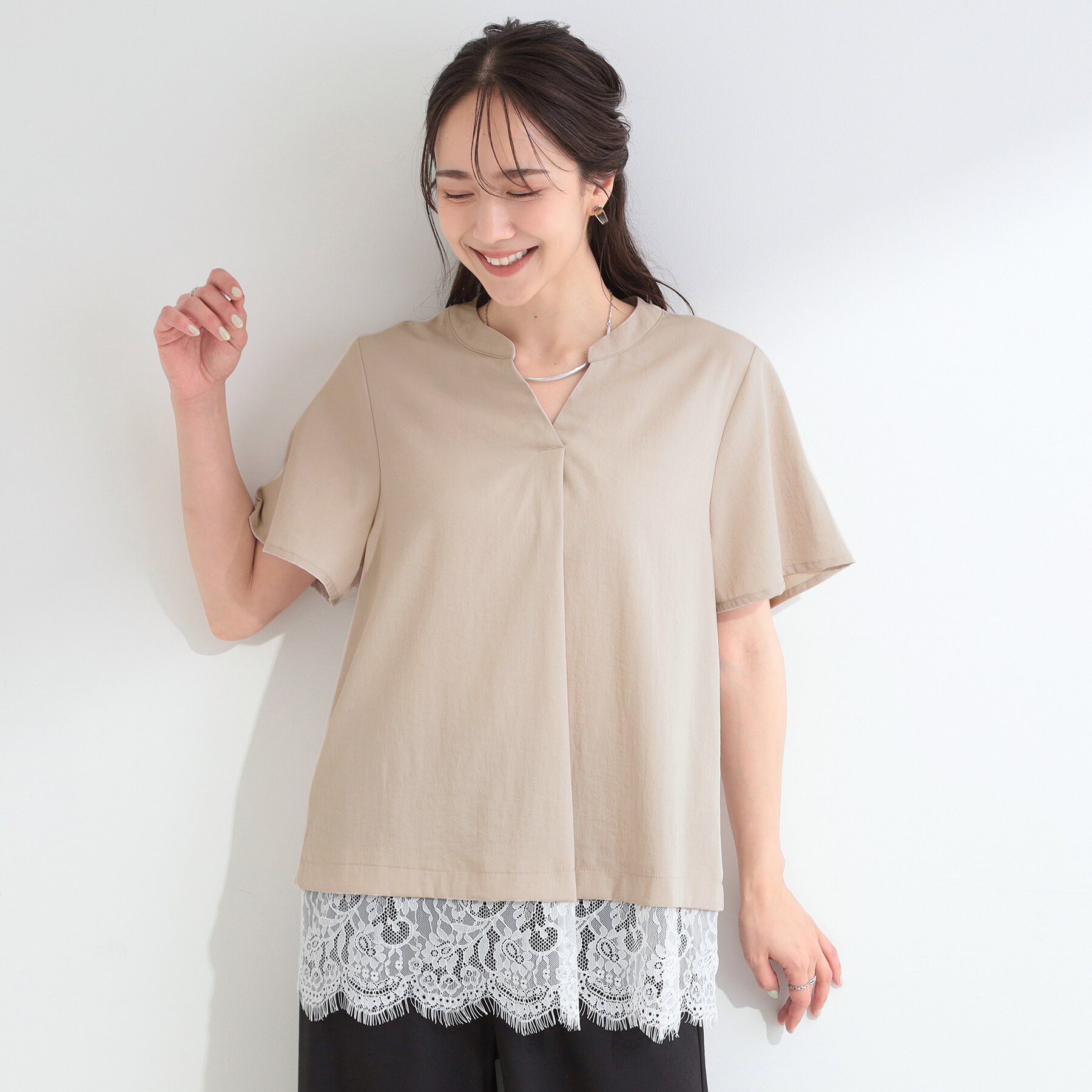 SHOO･LA･RUE「【S-LL/洗濯機可】軽凛(かろりん)ひんやり スキッパー裾レースブラウス」|シャツ・ブラウス|