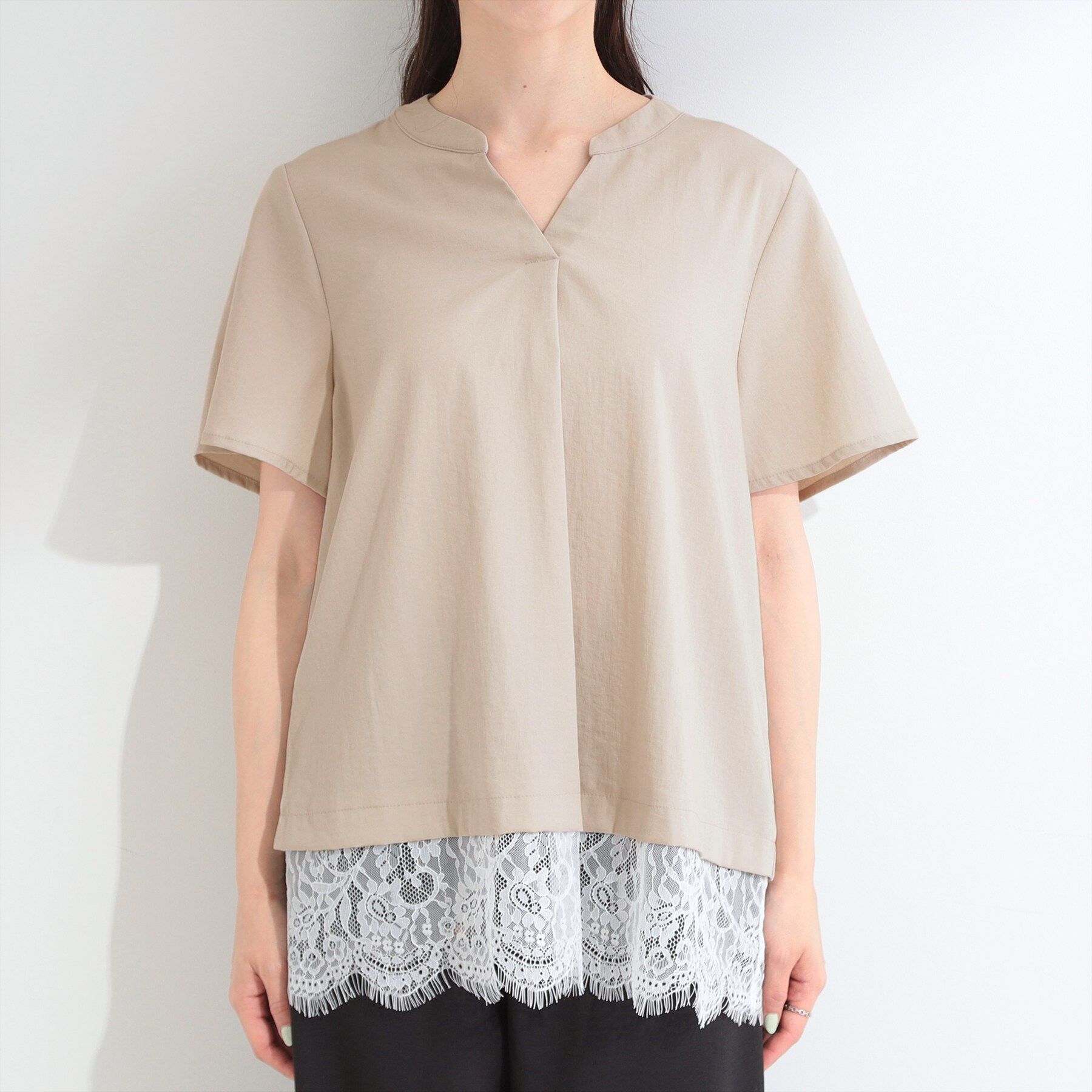 SHOO･LA･RUE「【S-LL/洗濯機可】軽凛(かろりん)ひんやり スキッパー裾レースブラウス」|シャツ・ブラウス|