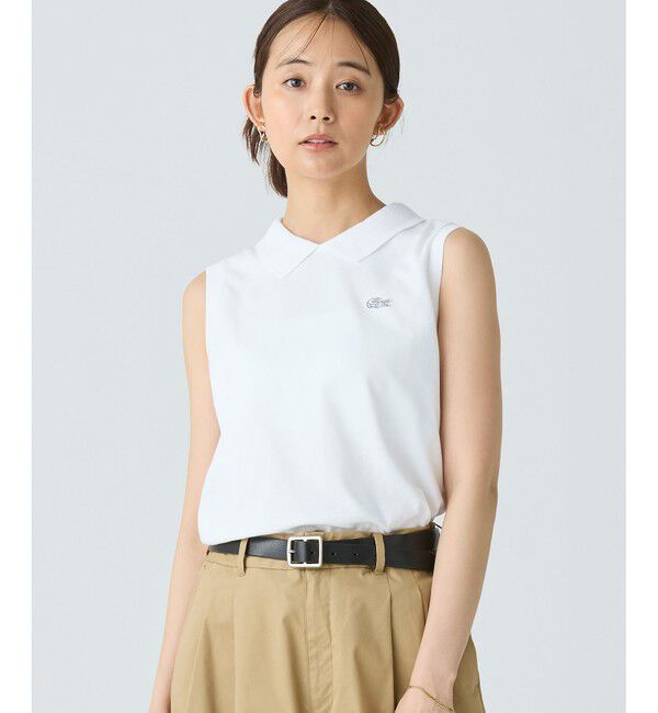 LACOSTE「コットン鹿の子 メッシュカラー バックボタンノースリーブポロシャツ」|ポロシャツ|ホワイト