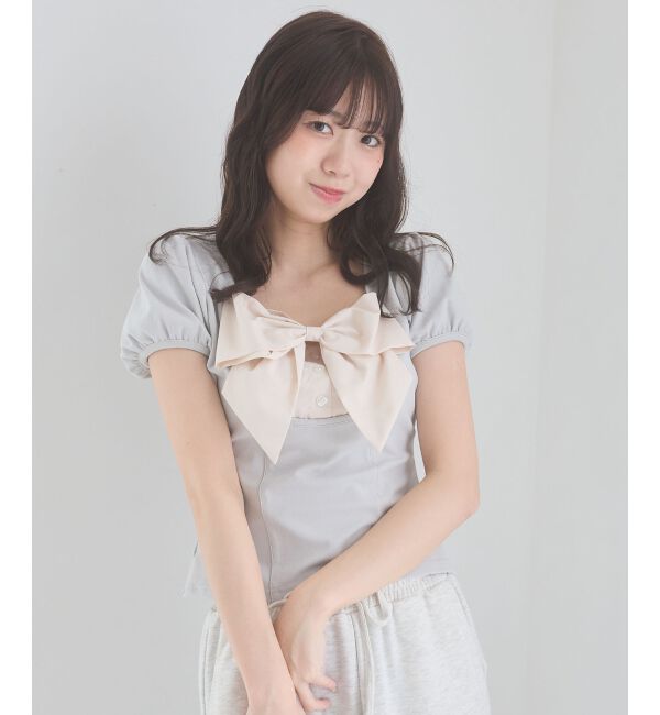  「ビッグリボンレイヤードトップス」|Tシャツ・カットソー|グレー