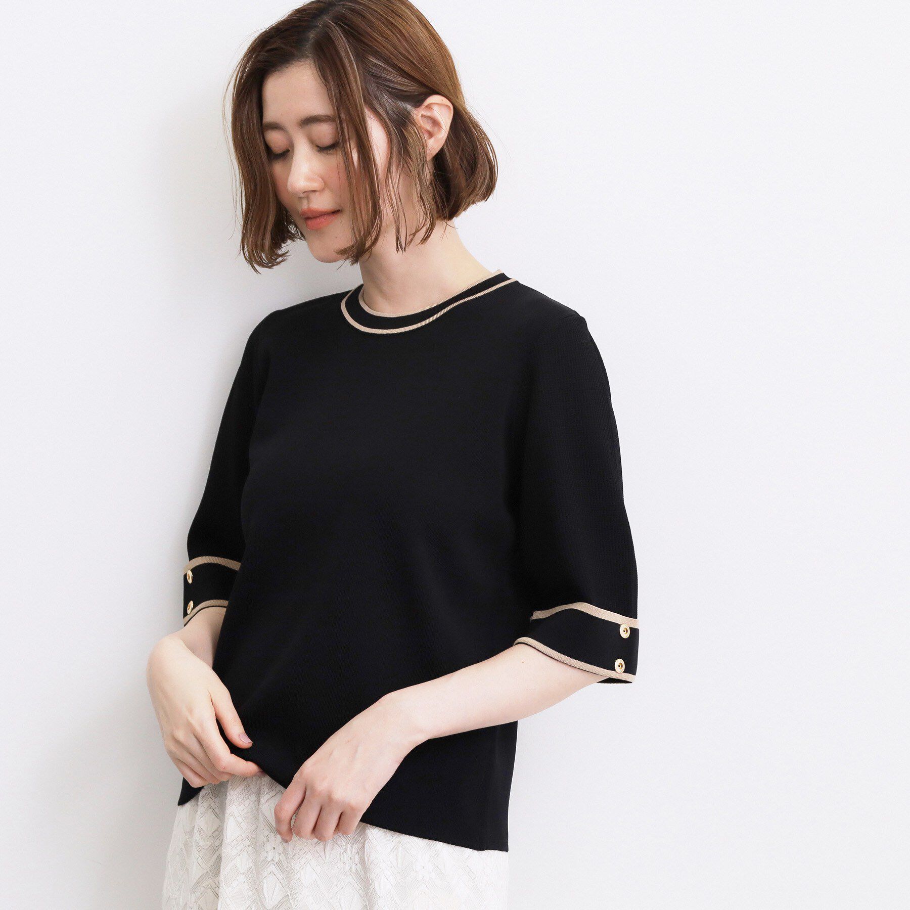 grove「【シリーズ累計36万枚/名品ニット】やわらかドライタッチ 袖メッシュ編みニット」|ニット・セーター|