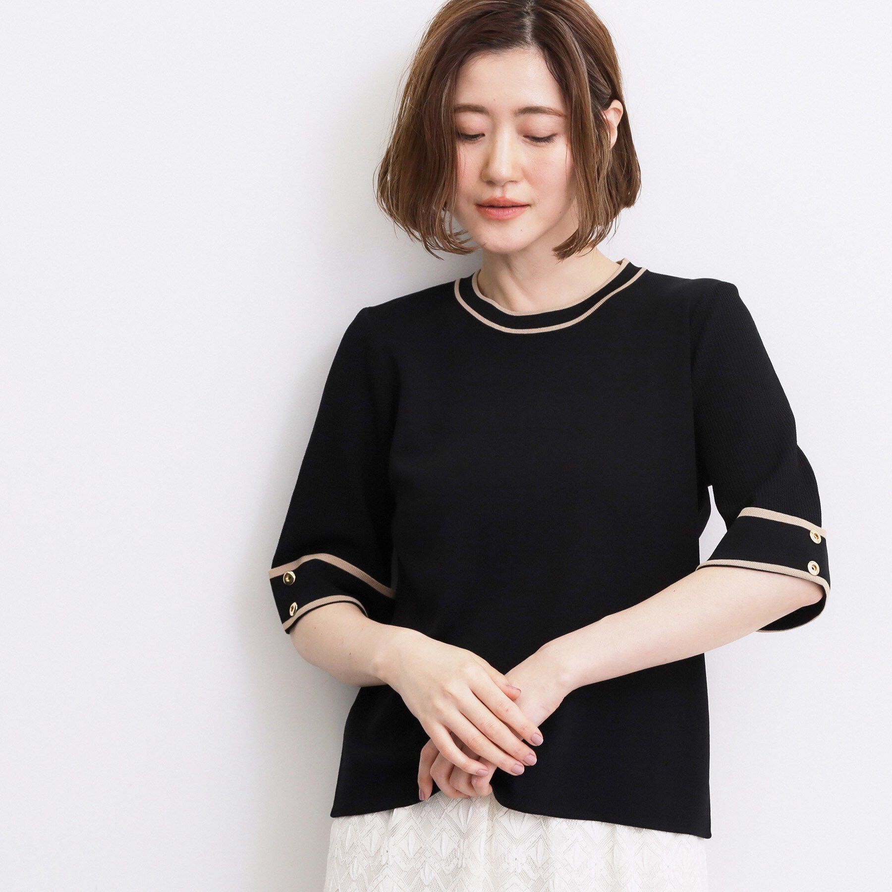 grove「【シリーズ累計36万枚/名品ニット】やわらかドライタッチ 袖メッシュ編みニット」|ニット・セーター|