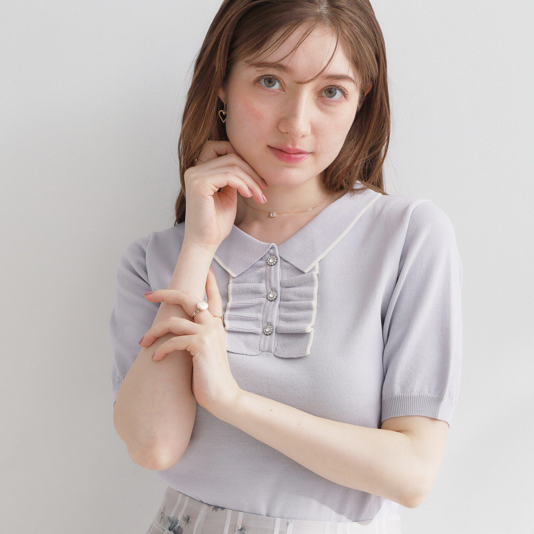 Couture broach「【洗える】フリル ポロ衿ニット」|ニット・セーター|ライトグレー(511