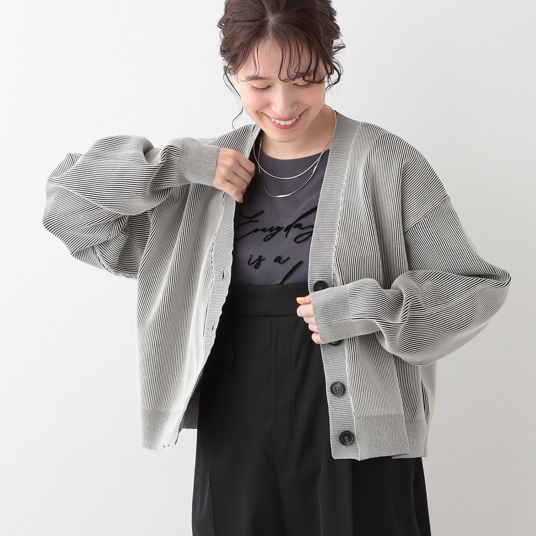 SHOO･LA･RUE「【着丈が選べる】スポンディッシュ配色畦カーディガン」|カーディガン|ブラック(519)