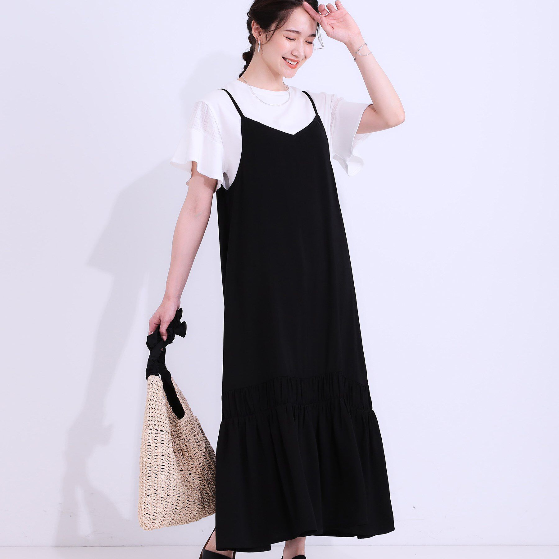 SHOO･LA･RUE「【ひんやり】シャーリングがアクセントに 大人のデザインキャミワンピース」|ワンピース|ブラック(019)