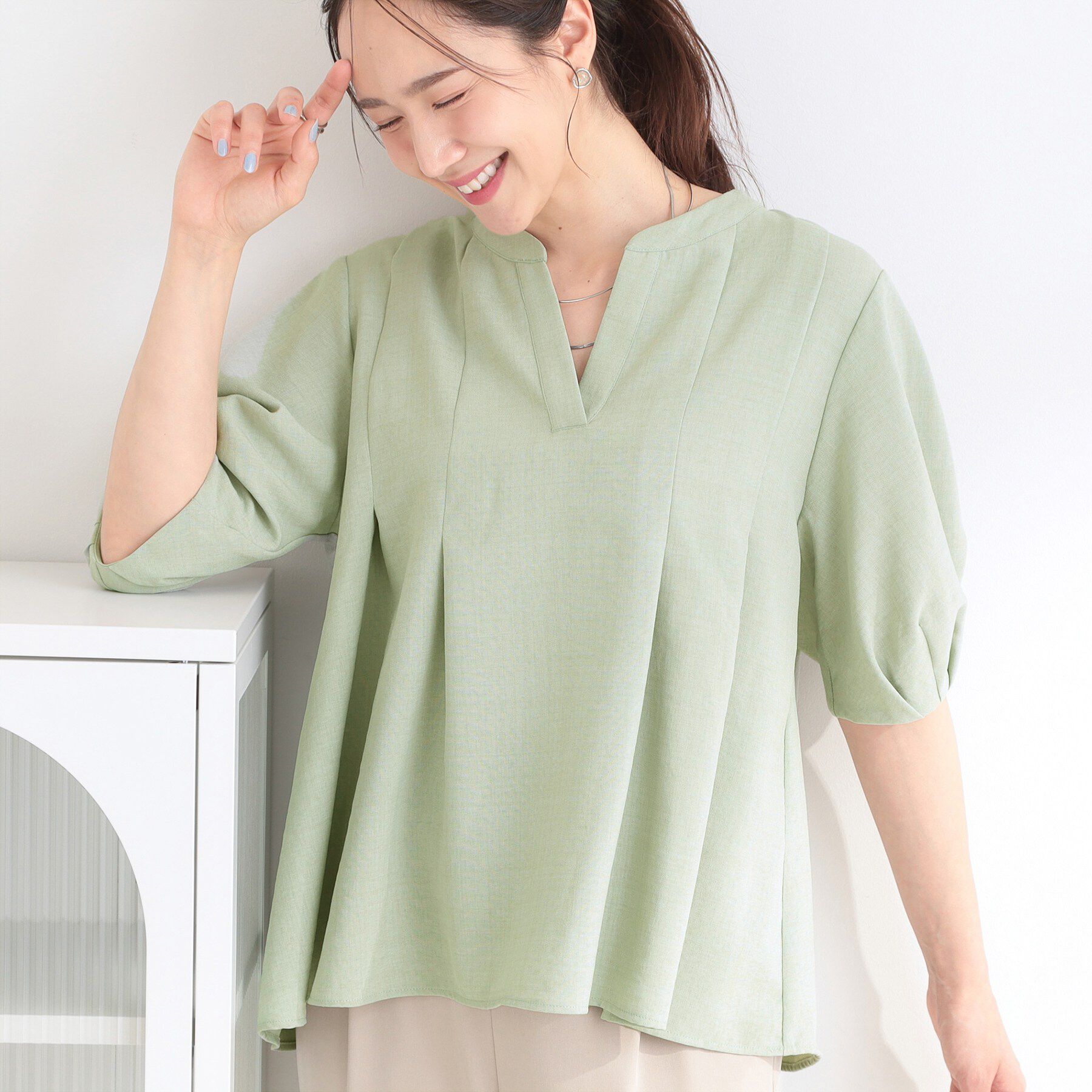 SHOO･LA･RUE「【高レビュー/洗濯後しわになりにくい/インせず着られる】自然に体型カバー 麻調ペプラムブラウス」|シャツ・ブラウス|ミントグリーン(02