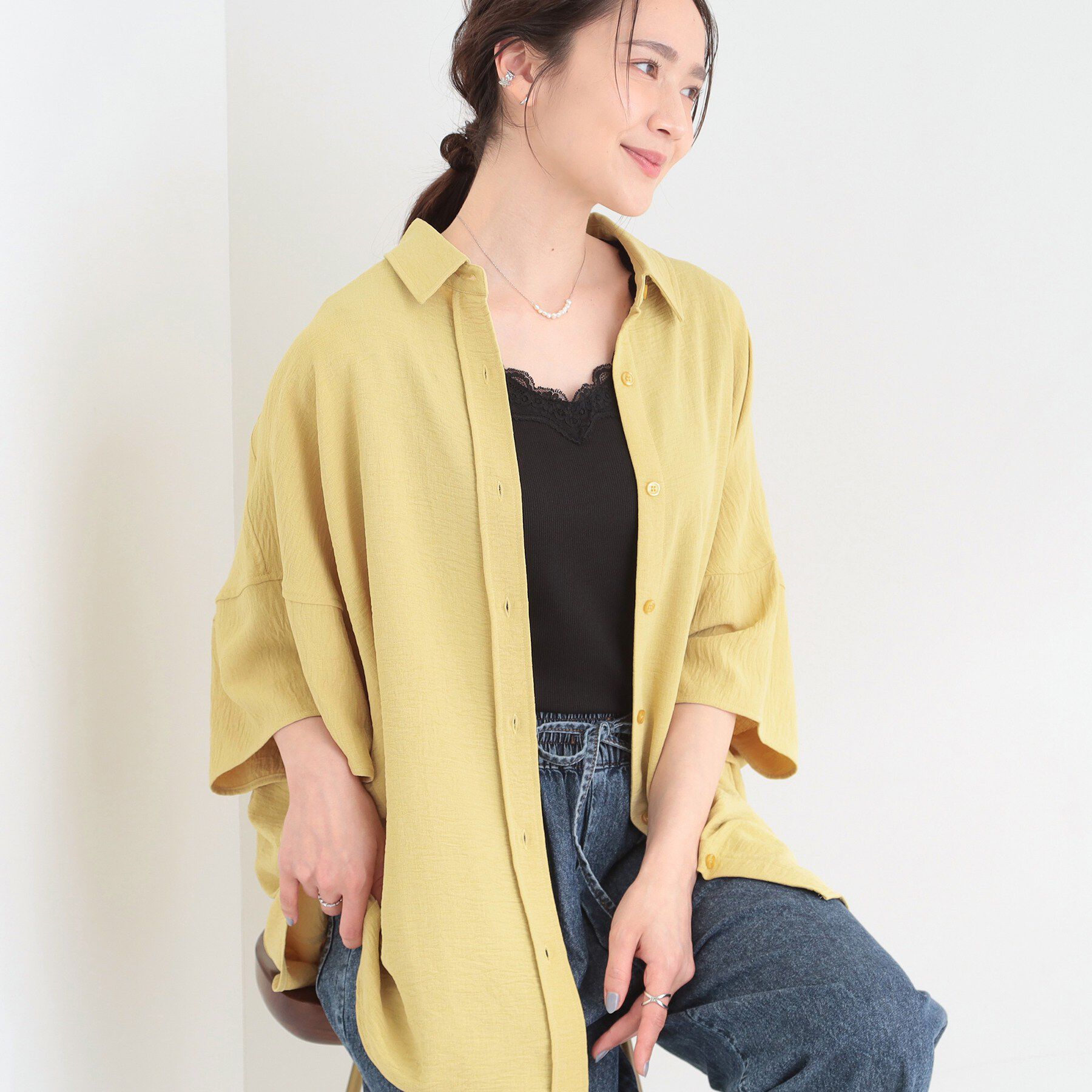 SHOO･LA･RUE「【高レビュー/洗濯後しわになりにくい/体型カバー】きちんとゆるっと 大人の抜け感 ポンチョ風カラーシ」|シャツ・ブラウス|イエロー(031)