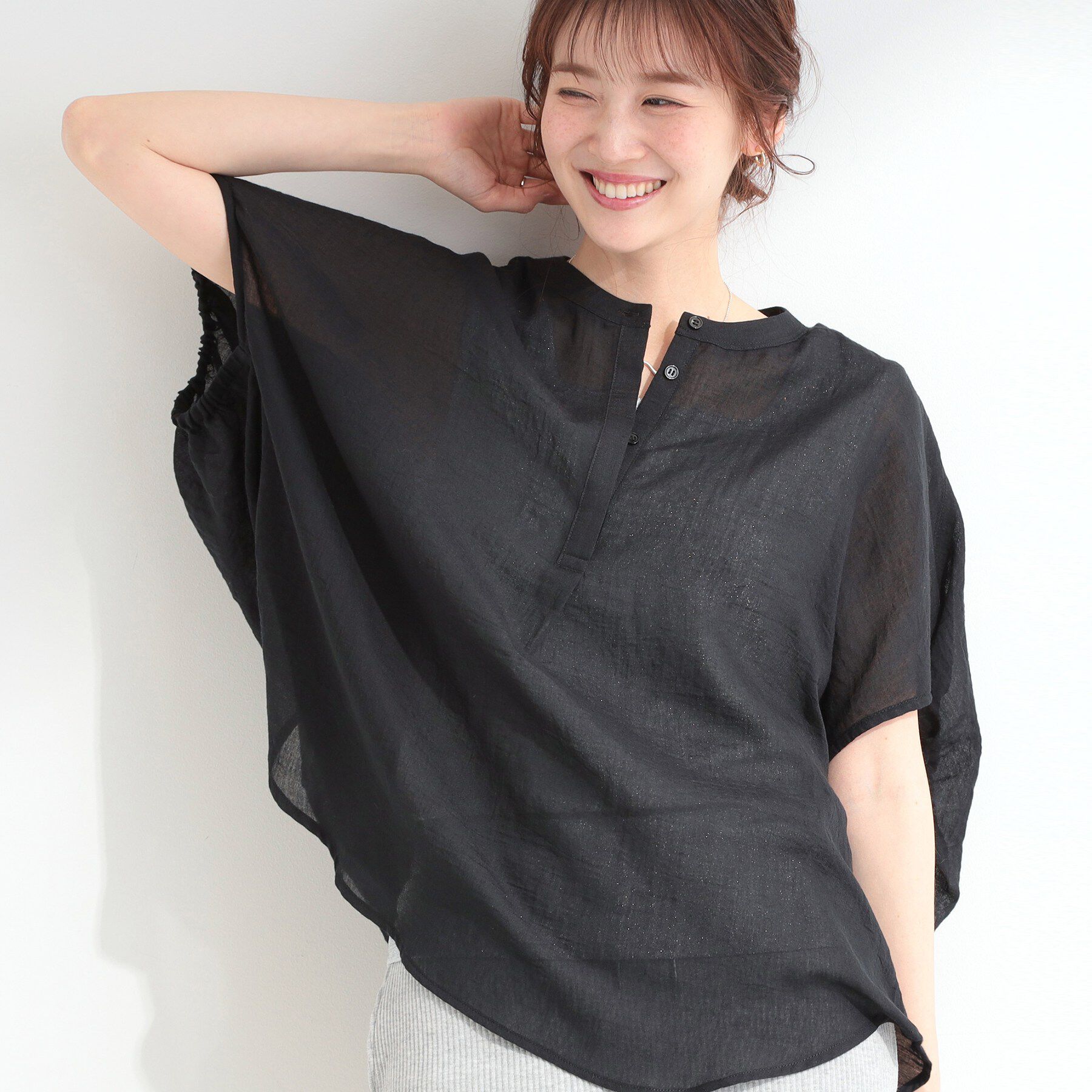 SHOO･LA･RUE「【体型カバー】バルーン風ゆるシャツブラウス」|シャツ・ブラウス|ブラック(019)