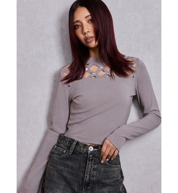 GYDA「latticeカット bijouトップス」|Tシャツ・カットソー|グレー