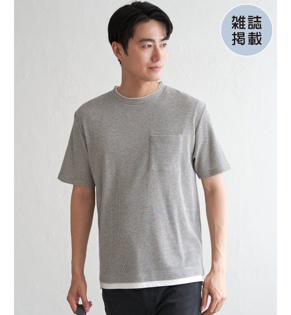 ikka「【雑誌MonoMax5月号掲載】メランジワッフルポケ付きフェイクTシャツ」|Tシャツ・カットソー|グレー