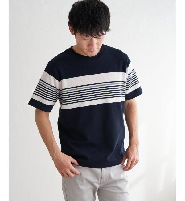 ikka「リップルパネルボーダーTシャツ」|Tシャツ・カットソー|ネイビーブルー
