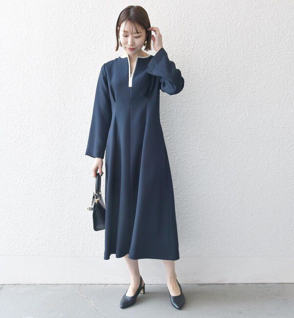 SHIPS any「【WEB限定】SHIPS any: ダブルクロス ウエスト タック Aライン ワンピース ［NAVY BLUE］」|ワンピース|