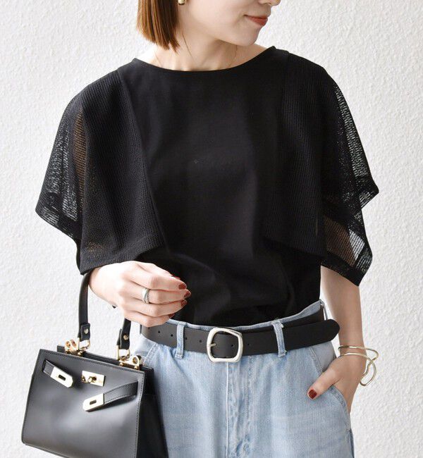 SHIPS any「《一部追加予約》SHIPS any:〈手洗い可能〉メッシュ シアー ハンカチ スリーブ ドッキング TEE」|Tシャツ・カットソー|