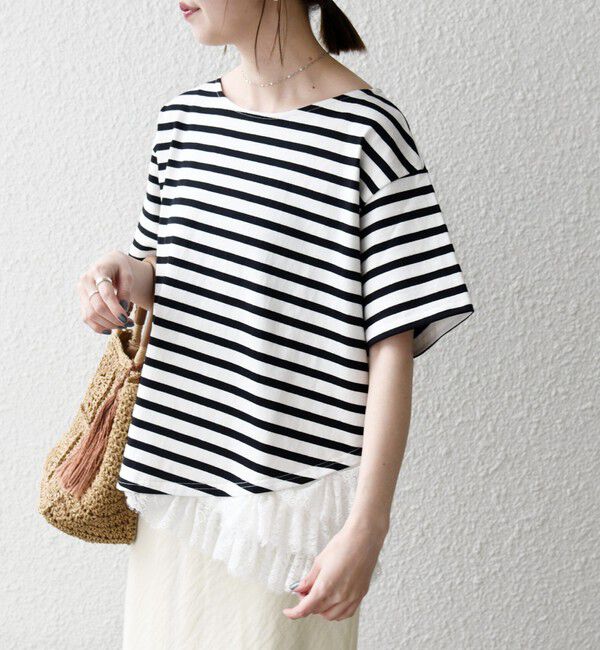 SHIPS any「《追加予約》SHIPS any:〈洗濯機可能〉レース ヘム アシンメトリー ショートスリーブ TEE」|Tシャツ・カットソー|