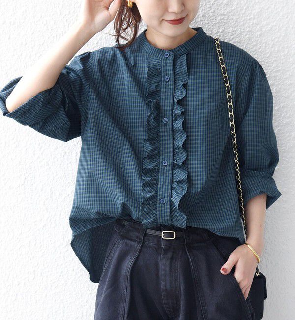 SHIPS for women「《予約》【WEB限定】〈手洗い可能〉チェック フリル ロングスリーブ シャツ（グリーン）」|シャツ・ブラウス|グリーン