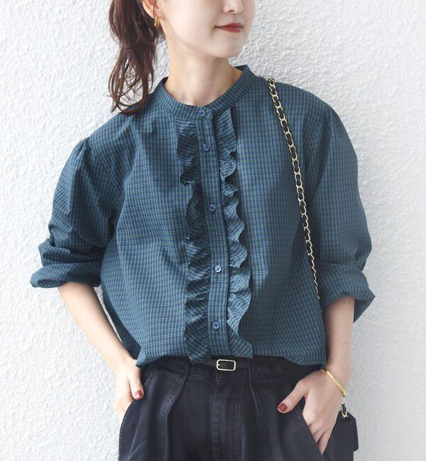 SHIPS for women「《予約》【WEB限定】〈手洗い可能〉チェック フリル ロングスリーブ シャツ（グリーン）」|シャツ・ブラウス|