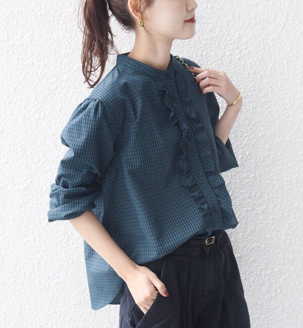 SHIPS for women「《予約》【WEB限定】〈手洗い可能〉チェック フリル ロングスリーブ シャツ（グリーン）」|シャツ・ブラウス|