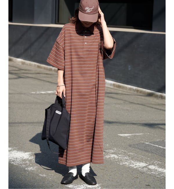 OUTDOOR PRODUCTS Usual Things「ボーダーポロシャツワイドワンピース」|ワンピース|ブラウン