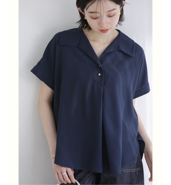  「【洗える】スキッパーカラーフレンチシャツ」|シャツ・ブラウス|ネイビー