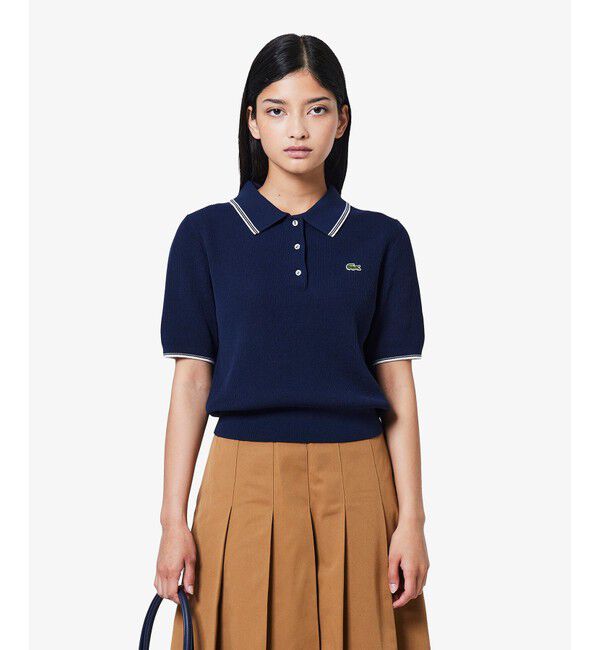LACOSTE「配色ライン コンパクトニットポロシャツ」|ポロシャツ|ネイビー