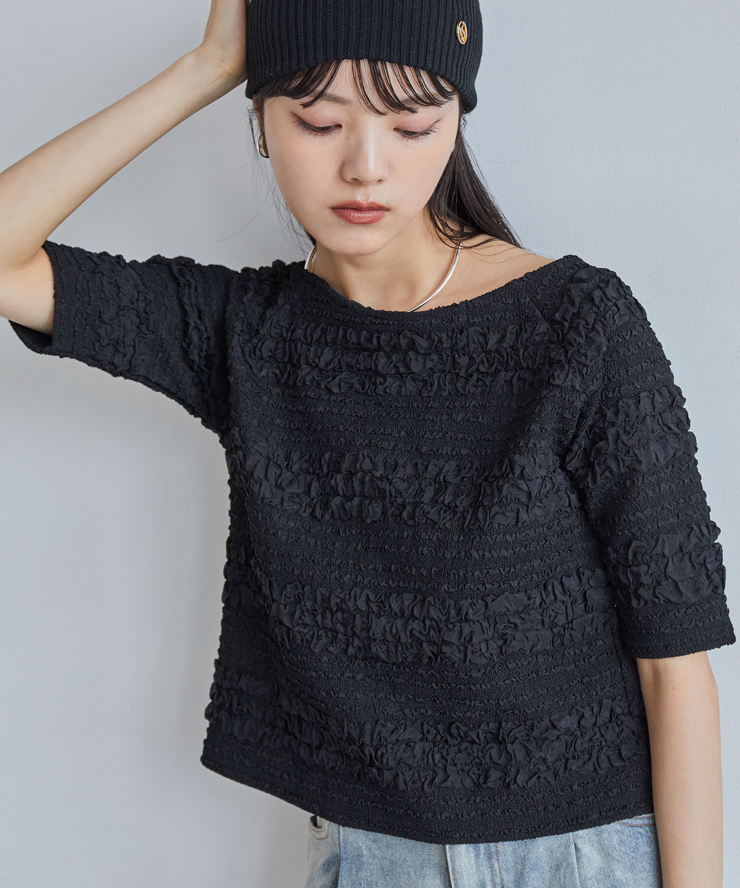 VIS「【洗える】ポコポコジャガードTシャツ」|Tシャツ・カットソー|ブラック(01)