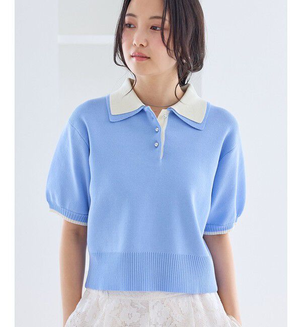 VIS「【新色追加】ダブルカラー半袖ポロニットトップス/WEB限定カラー」|ポロシャツ|サックス(48)