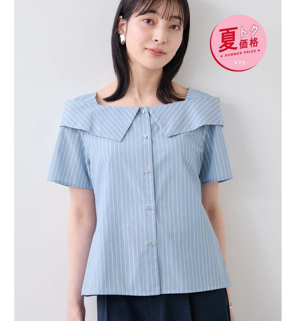 VIS「【夏トク価格】オフショルライクハーフスリーブブラウス/イージーケア」|シャツ・ブラウス|ブルー系(45)