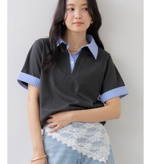 VIS「ICE BEAUTY ドッキング衿ハーフスリーブプルオーバー/UVケア・接触冷感・汗染み防止」|Tシャツ・カットソー|