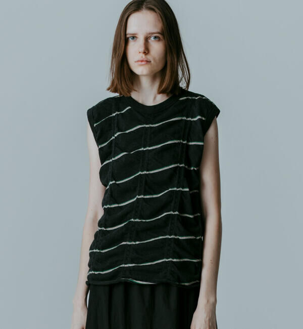  「MEYAME | コットン ボーダー スリーブレスプルオーバー WOMEN」|Tシャツ・カットソー|BLACK系1