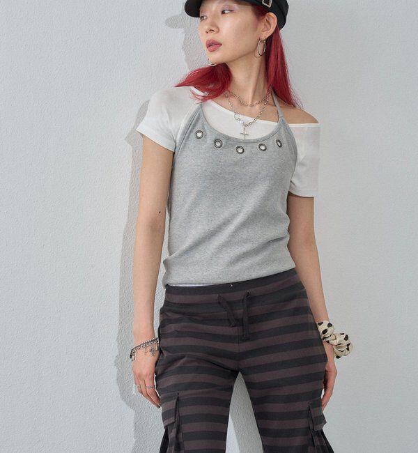  「ハトメホルターレイヤード半袖トップス（ドット/無地）」|Tシャツ・カットソー|