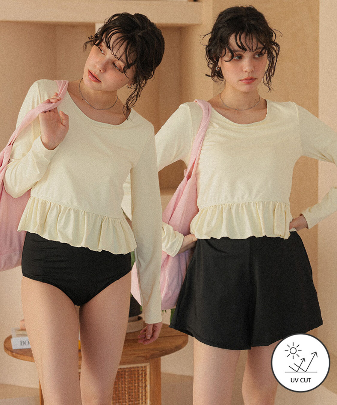 titivate「ペプラム長袖トップス&times;ショーツ/セット水着」|ビキニ|アイボリー2