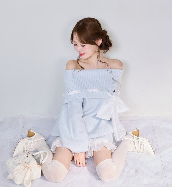  「リボン付きオフショルニットワンピ」|ワンピース|