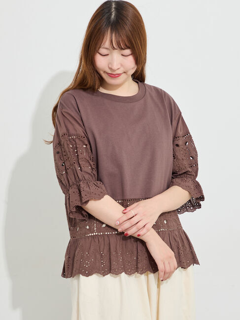 Samansa Mos2「【汗染み防止】レース切替トップス」|Tシャツ・カットソー|ブラウン