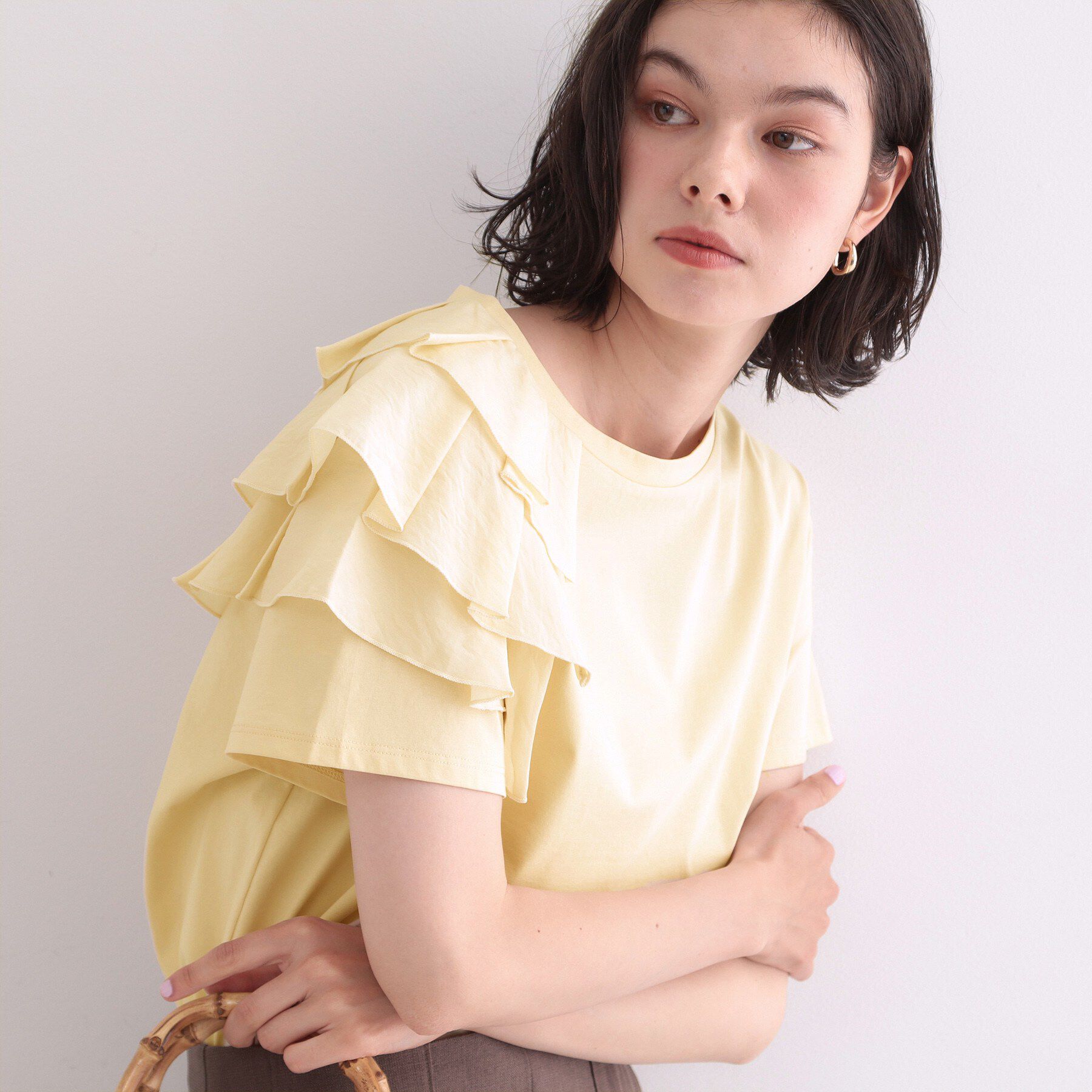 OPAQUE.CLIP「【接触冷感】アシメフリルドッキングカットソー《UVケア／洗濯機OK》」|Tシャツ・カットソー|イエロー(031)