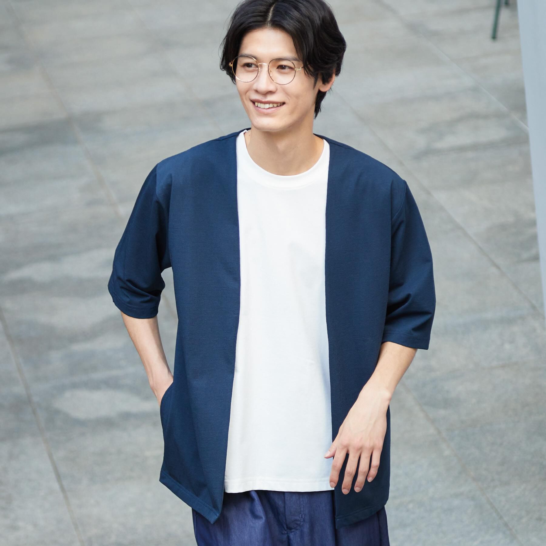 THE SHOP TK「メッシュ五分袖カーディガン＋半袖Tシャツ セットアイテム 洗濯機OK」|カーディガン|ネイビー(094)