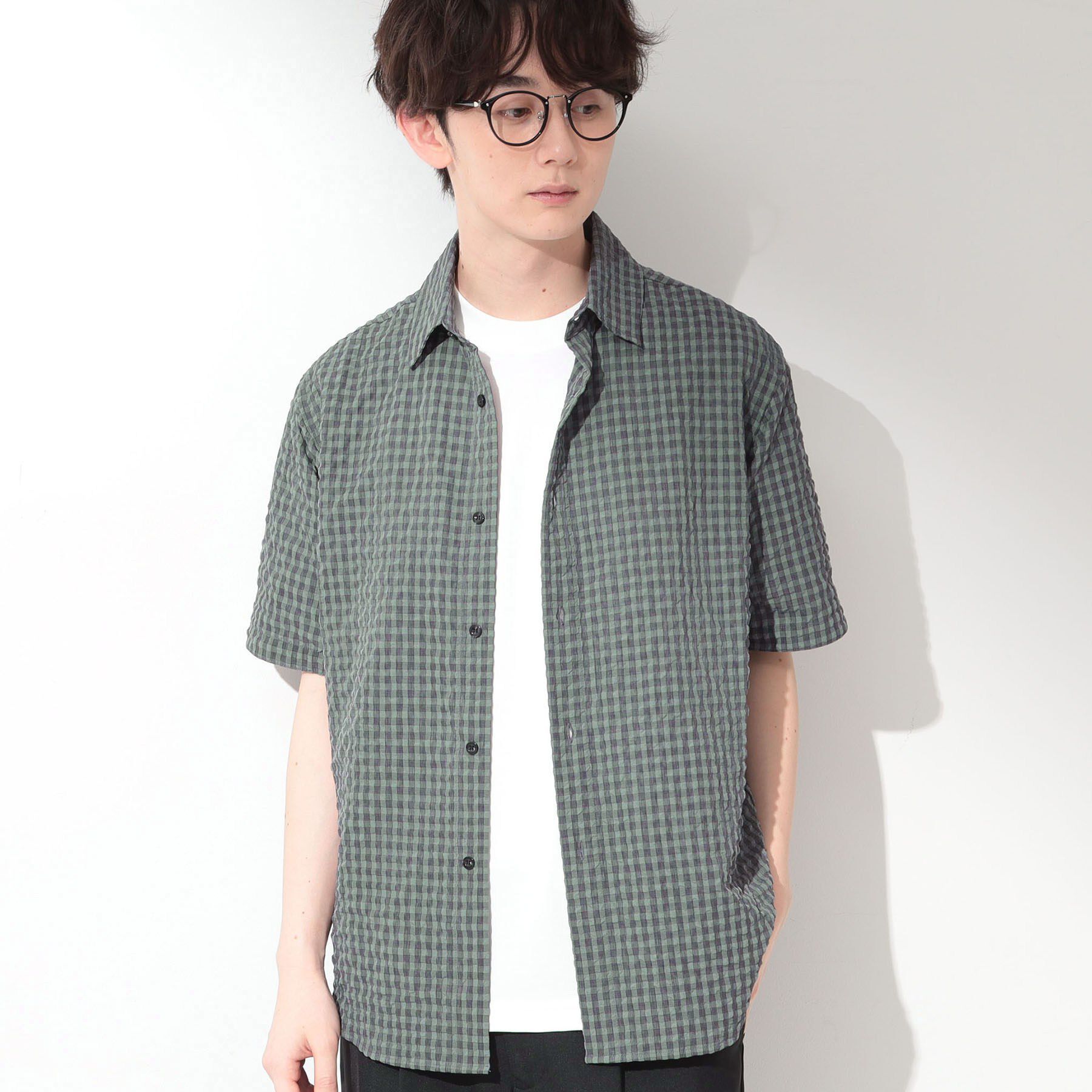 THE SHOP TK「サッカー ギンガムチェック 半袖シャツ 洗濯機OK」|シャツ・ブラウス|チャコールグレー(2